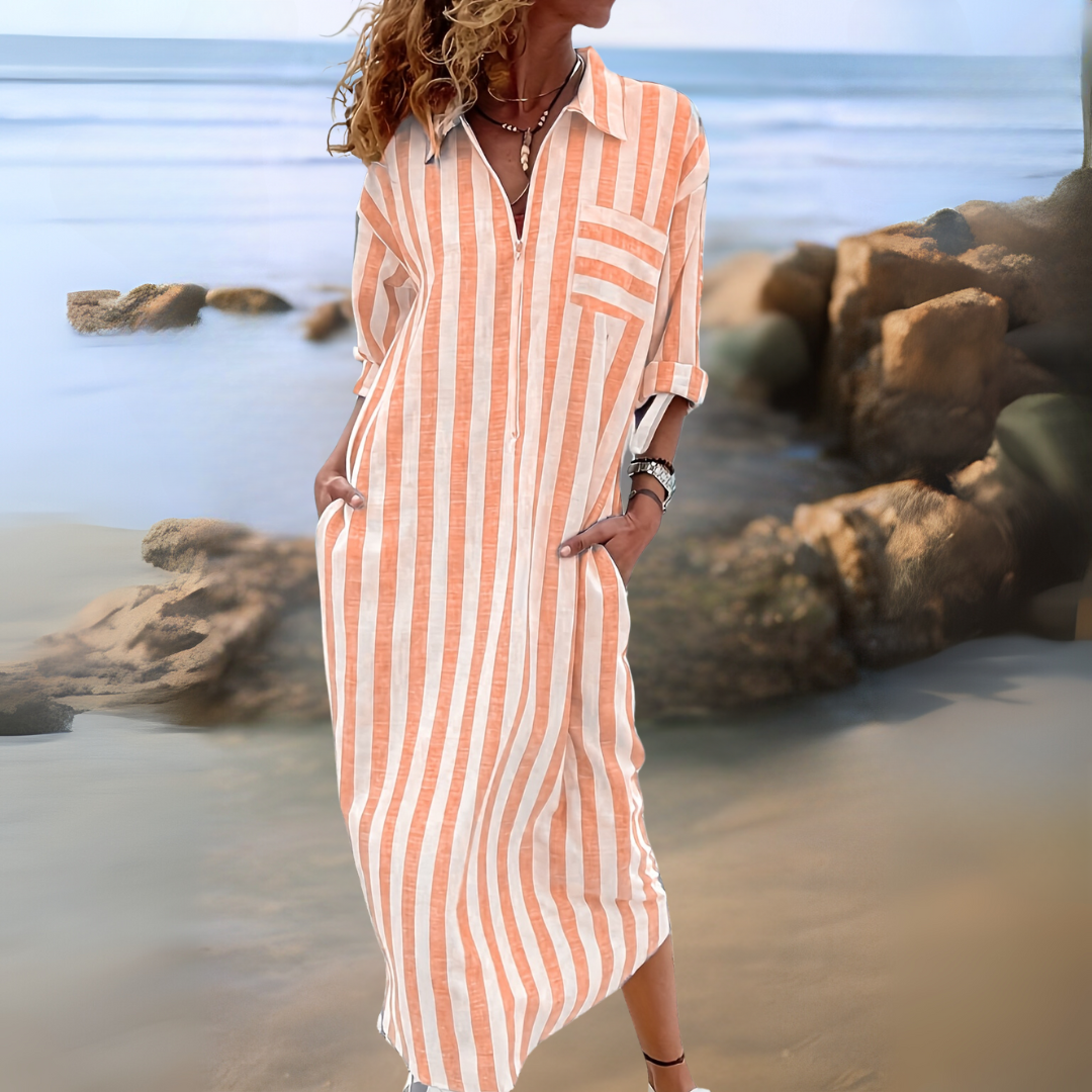 Joyce™ | Elegant striped dress with V-neckline