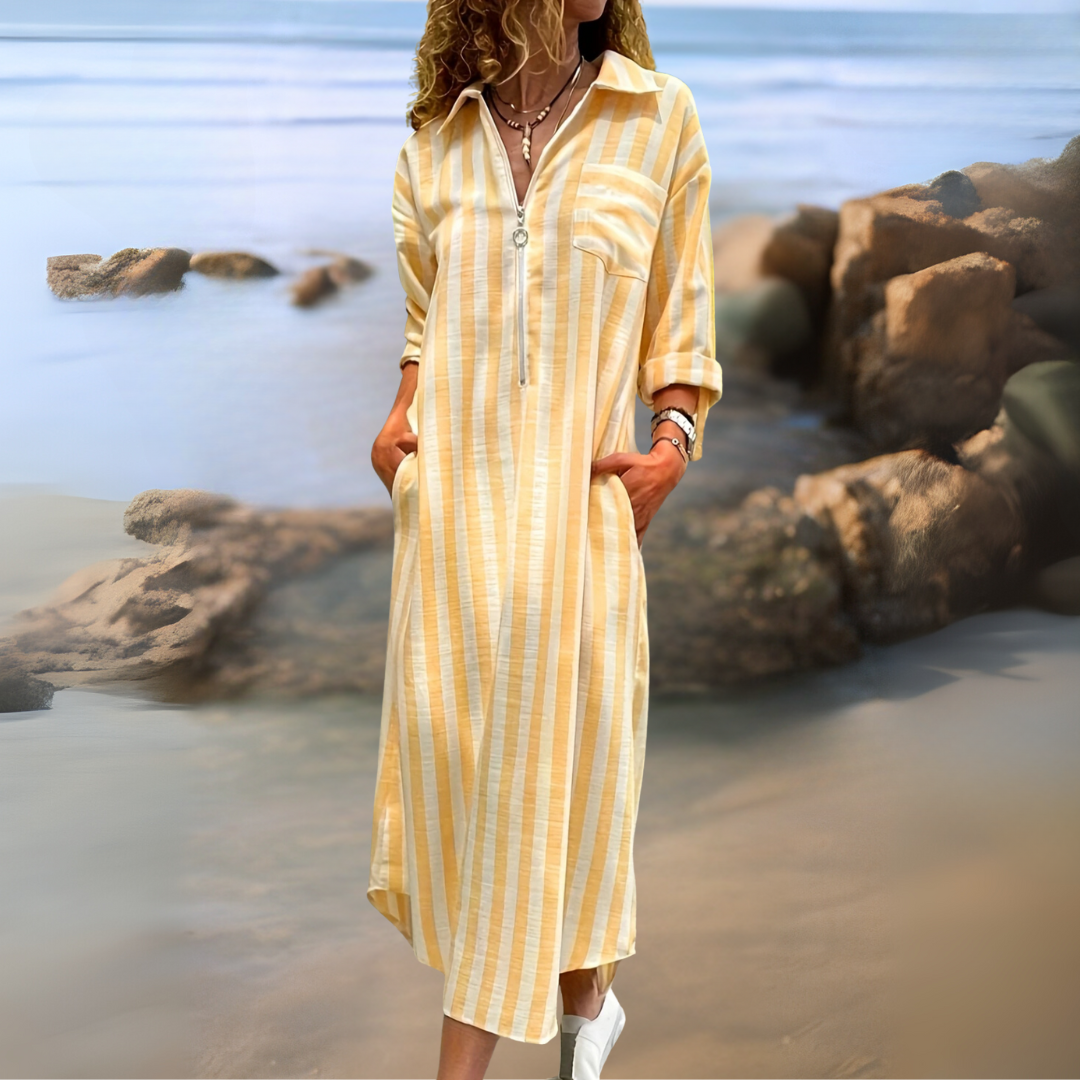 Joyce™ | Elegant striped dress with V-neckline
