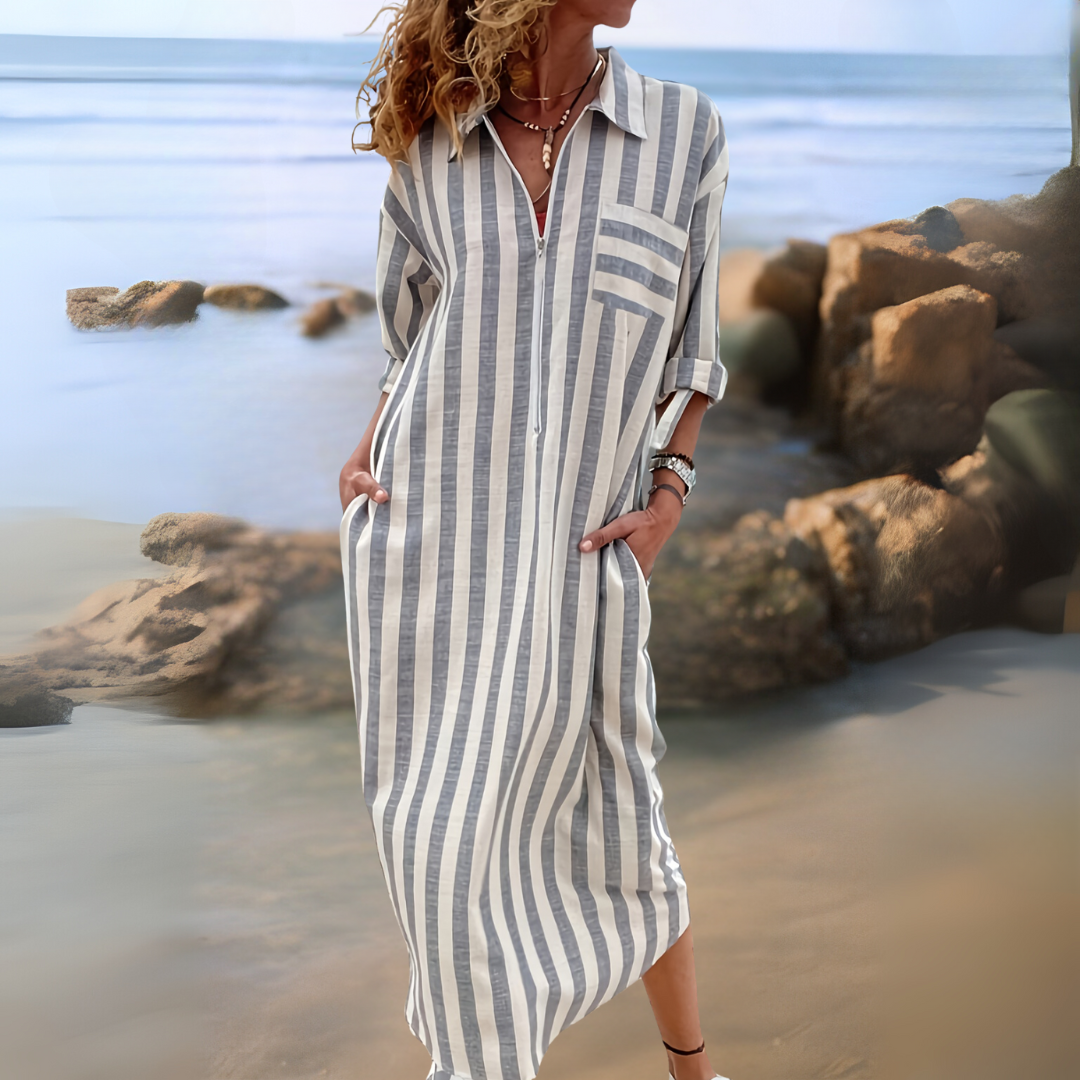 Joyce™ | Elegant striped dress with V-neckline