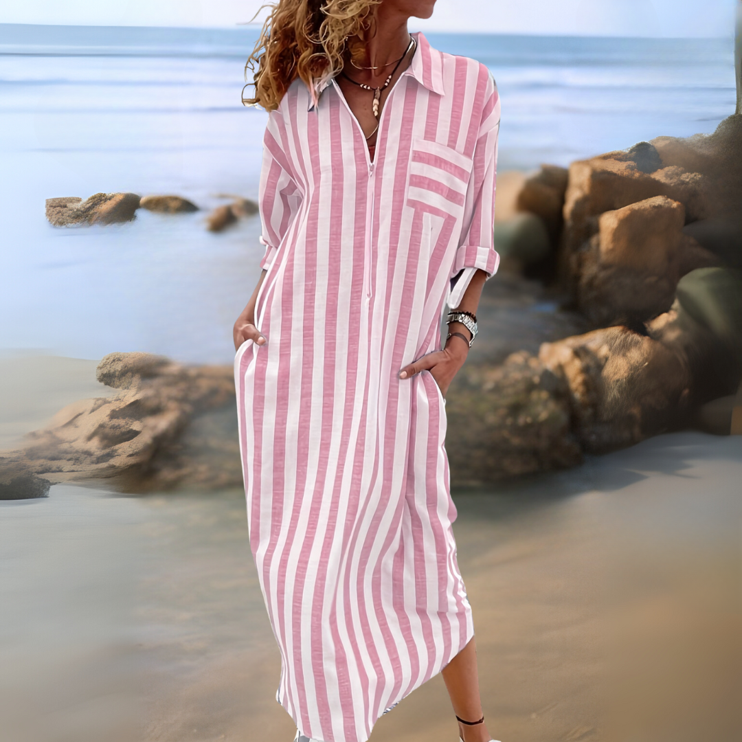 Joyce™ | Elegant striped dress with V-neckline